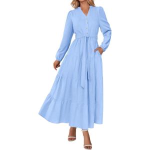 imagePRETTYGARDEN Fall Dresses for Women 2025 Long Sleeve V Neck Belted Ruffle A Line Flowy Boho Maxi Wedding Guest Dress PocketsLight Blue