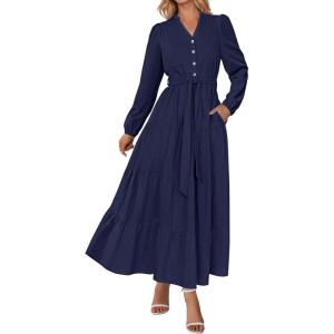 imagePRETTYGARDEN Fall Dresses for Women 2025 Long Sleeve V Neck Belted Ruffle A Line Flowy Boho Maxi Wedding Guest Dress PocketsNavy Blue