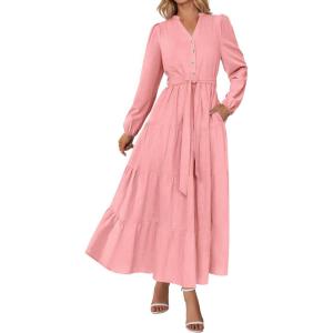 imagePRETTYGARDEN Fall Dresses for Women 2025 Long Sleeve V Neck Belted Ruffle A Line Flowy Boho Maxi Wedding Guest Dress PocketsPink