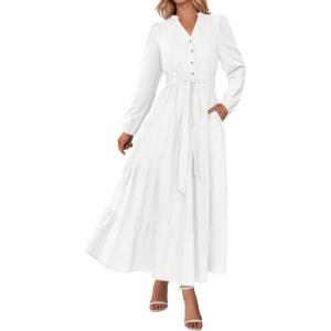 imagePRETTYGARDEN Fall Dresses for Women 2025 Long Sleeve V Neck Belted Ruffle A Line Flowy Boho Maxi Wedding Guest Dress PocketsWhite