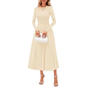 imagePRETTYGARDEN Fall Dresses for Women 2025 Long Sleeve Work Casual A Line Pleated Cocktail Church Midi Winter Sweater DressApricot