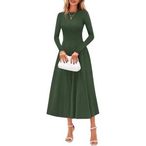 imagePRETTYGARDEN Fall Dresses for Women 2025 Long Sleeve Work Casual A Line Pleated Cocktail Church Midi Winter Sweater DressArmy Green