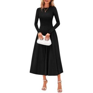 imagePRETTYGARDEN Fall Dresses for Women 2025 Long Sleeve Work Casual A Line Pleated Cocktail Church Midi Winter Sweater DressBlack