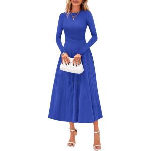 imagePRETTYGARDEN Fall Dresses for Women 2025 Long Sleeve Work Casual A Line Pleated Cocktail Church Midi Winter Sweater DressBlue