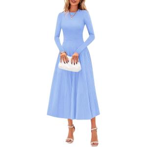 imagePRETTYGARDEN Fall Dresses for Women 2025 Long Sleeve Work Casual A Line Pleated Cocktail Church Midi Winter Sweater DressLight Blue