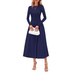 imagePRETTYGARDEN Fall Dresses for Women 2025 Long Sleeve Work Casual A Line Pleated Cocktail Church Midi Winter Sweater DressNavy Blue