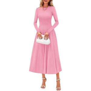 imagePRETTYGARDEN Fall Dresses for Women 2025 Long Sleeve Work Casual A Line Pleated Cocktail Church Midi Winter Sweater DressPink