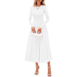 imagePRETTYGARDEN Fall Dresses for Women 2025 Long Sleeve Work Casual A Line Pleated Cocktail Church Midi Winter Sweater DressWhite