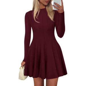 imagePRETTYGARDEN Fall Dresses for Women Elegant Classy 2025 Casual Long Sleeve Swing A Line Ruffle Short Homecoming Party DressBurgundy