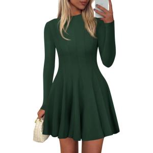 imagePRETTYGARDEN Fall Dresses for Women Elegant Classy 2025 Casual Long Sleeve Swing A Line Ruffle Short Homecoming Party DressDark Green