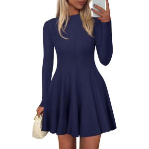 imagePRETTYGARDEN Fall Dresses for Women Elegant Classy 2025 Casual Long Sleeve Swing A Line Ruffle Short Homecoming Party DressNavy Blue