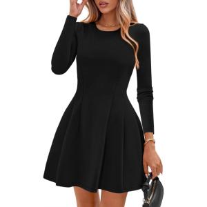 imagePRETTYGARDEN Long Sleeve Mini Dress for Women 2025 Fall Crewneck Knit Pleated Babydoll A Line Soft Casual Short Party DressesBlack