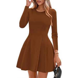 imagePRETTYGARDEN Long Sleeve Mini Dress for Women 2025 Fall Crewneck Knit Pleated Babydoll A Line Soft Casual Short Party DressesCaramel