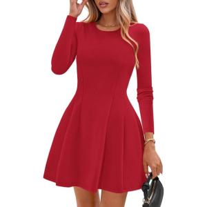 imagePRETTYGARDEN Long Sleeve Mini Dress for Women 2025 Fall Crewneck Knit Pleated Babydoll A Line Soft Casual Short Party DressesRed