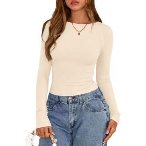 imagePRETTYGARDEN Long Sleeve Shirts for Women 2025 Fall Clothes Cute Going Out Tops Ribbed Tight Fitted Plain Basic Tee TshirtsBeige