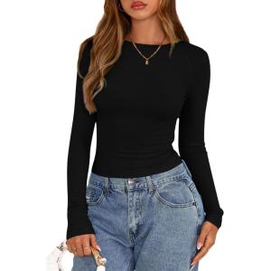 imagePRETTYGARDEN Long Sleeve Shirts for Women 2025 Fall Clothes Cute Going Out Tops Ribbed Tight Fitted Plain Basic Tee TshirtsBlack