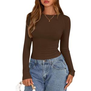 imagePRETTYGARDEN Long Sleeve Shirts for Women 2025 Fall Clothes Cute Going Out Tops Ribbed Tight Fitted Plain Basic Tee TshirtsBrown