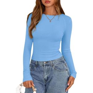 imagePRETTYGARDEN Long Sleeve Shirts for Women 2025 Fall Clothes Cute Going Out Tops Ribbed Tight Fitted Plain Basic Tee TshirtsLight Blue