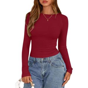 imagePRETTYGARDEN Long Sleeve Shirts for Women 2025 Fall Clothes Cute Going Out Tops Ribbed Tight Fitted Plain Basic Tee TshirtsRed