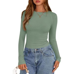 imagePRETTYGARDEN Long Sleeve Shirts for Women 2025 Fall Clothes Cute Going Out Tops Ribbed Tight Fitted Plain Basic Tee TshirtsSage Green