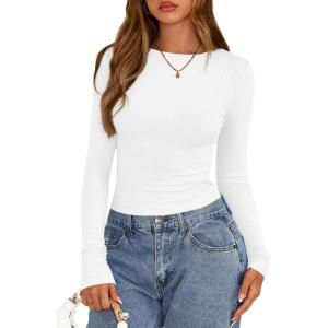 imagePRETTYGARDEN Long Sleeve Shirts for Women 2025 Fall Clothes Cute Going Out Tops Ribbed Tight Fitted Plain Basic Tee TshirtsWhite