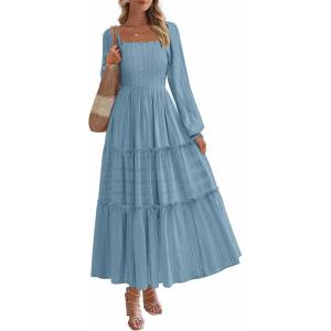 imagePRETTYGARDEN Maxi Dresses for Women 2025 Fall Casual Long Sleeve Smocked A Line Ruffle Flowy Boho Wedding Guest Dress PocketsDusty Blue