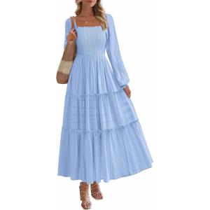 imagePRETTYGARDEN Maxi Dresses for Women 2025 Fall Casual Long Sleeve Smocked A Line Ruffle Flowy Boho Wedding Guest Dress PocketsLight Blue