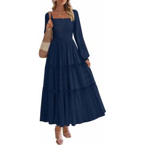 imagePRETTYGARDEN Maxi Dresses for Women 2025 Fall Casual Long Sleeve Smocked A Line Ruffle Flowy Boho Wedding Guest Dress PocketsNavy Blue