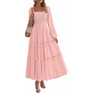 imagePRETTYGARDEN Maxi Dresses for Women 2025 Fall Casual Long Sleeve Smocked A Line Ruffle Flowy Boho Wedding Guest Dress PocketsPink