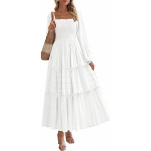 imagePRETTYGARDEN Maxi Dresses for Women 2025 Fall Casual Long Sleeve Smocked A Line Ruffle Flowy Boho Wedding Guest Dress PocketsWhite