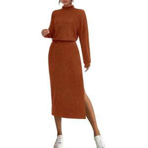 imagePRETTYGARDEN Turtle Neck Dresses for Women 2025 Fall Knit Outfits Slit Elastic Waist Long Sleeve Bodycon Midi Sweater DressBrick Red
