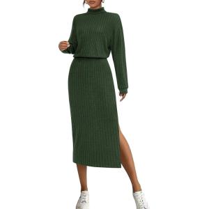 imagePRETTYGARDEN Turtle Neck Dresses for Women 2025 Fall Knit Outfits Slit Elastic Waist Long Sleeve Bodycon Midi Sweater DressDark Green