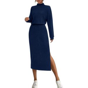 imagePRETTYGARDEN Turtle Neck Dresses for Women 2025 Fall Knit Outfits Slit Elastic Waist Long Sleeve Bodycon Midi Sweater DressNavy