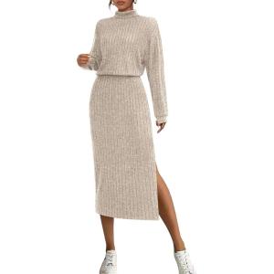 imagePRETTYGARDEN Turtle Neck Dresses for Women 2025 Fall Knit Outfits Slit Elastic Waist Long Sleeve Bodycon Midi Sweater DressOatmeal