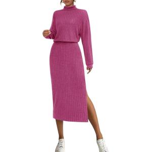 imagePRETTYGARDEN Turtle Neck Dresses for Women 2025 Fall Knit Outfits Slit Elastic Waist Long Sleeve Bodycon Midi Sweater DressRose Pink
