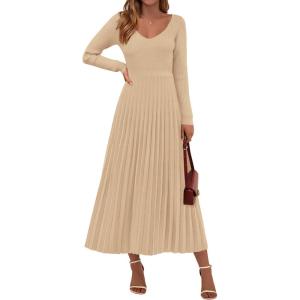 imagePRETTYGARDEN Women Sweater Dress Fall Fashion 2025 Long Sleeve V Neck Ribbed Knit Pleated A Line Elegant Maxi Winter DressesBeige