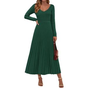 imagePRETTYGARDEN Women Sweater Dress Fall Fashion 2025 Long Sleeve V Neck Ribbed Knit Pleated A Line Elegant Maxi Winter DressesDark Green