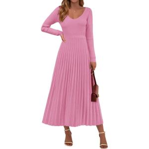 imagePRETTYGARDEN Women Sweater Dress Fall Fashion 2025 Long Sleeve V Neck Ribbed Knit Pleated A Line Elegant Maxi Winter DressesPink