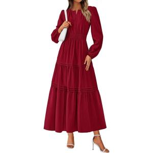 imagePRETTYGARDEN Womens 2025 Elegant Maxi Dresses Long Sleeve V Neck Flowy Pockets Casual Modest Dress Fall Fashion ClothesBurgundy