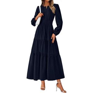 imagePRETTYGARDEN Womens 2025 Elegant Maxi Dresses Long Sleeve V Neck Flowy Pockets Casual Modest Dress Fall Fashion ClothesDark Blue