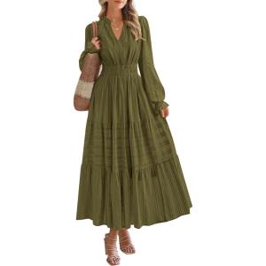 imagePRETTYGARDEN Womens 2025 Fall Wedding Guest Dresses Long Sleeve V Neck Flowy Elegant Holiday Party Maxi Dress with PocketsArmy Green