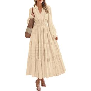imagePRETTYGARDEN Womens 2025 Fall Wedding Guest Dresses Long Sleeve V Neck Flowy Elegant Holiday Party Maxi Dress with PocketsBeige
