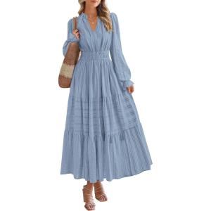 imagePRETTYGARDEN Womens 2025 Fall Wedding Guest Dresses Long Sleeve V Neck Flowy Elegant Holiday Party Maxi Dress with PocketsLight Blue