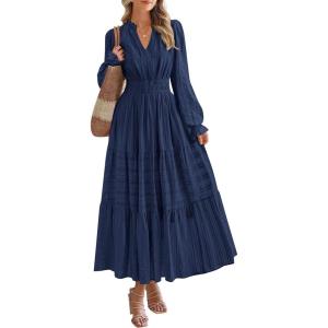 imagePRETTYGARDEN Womens 2025 Fall Wedding Guest Dresses Long Sleeve V Neck Flowy Elegant Holiday Party Maxi Dress with PocketsNavy Blue