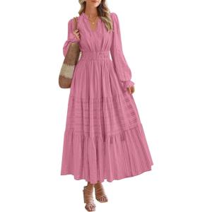 imagePRETTYGARDEN Womens 2025 Fall Wedding Guest Dresses Long Sleeve V Neck Flowy Elegant Holiday Party Maxi Dress with PocketsPink