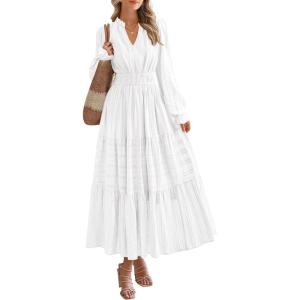 imagePRETTYGARDEN Womens 2025 Fall Wedding Guest Dresses Long Sleeve V Neck Flowy Elegant Holiday Party Maxi Dress with PocketsWhite