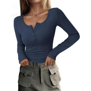 imagePRETTYGARDEN Womens 2025 Summer Fall Long Sleeve Henley T Shirts Button Ribbed Knit Slim Fit Casual Basic Tops BlouseDark Blue