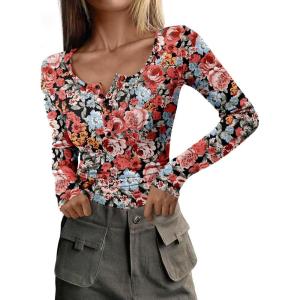 imagePRETTYGARDEN Womens 2025 Summer Fall Long Sleeve Henley T Shirts Button Ribbed Knit Slim Fit Casual Basic Tops BlouseFloral Black Multicolored