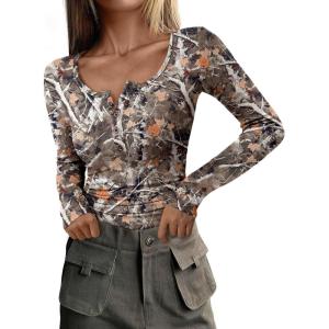 imagePRETTYGARDEN Womens 2025 Summer Fall Long Sleeve Henley T Shirts Button Ribbed Knit Slim Fit Casual Basic Tops BlouseFloral Khaki