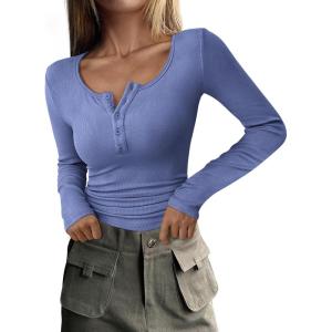 imagePRETTYGARDEN Womens 2025 Summer Fall Long Sleeve Henley T Shirts Button Ribbed Knit Slim Fit Casual Basic Tops BlouseHaze Blue
